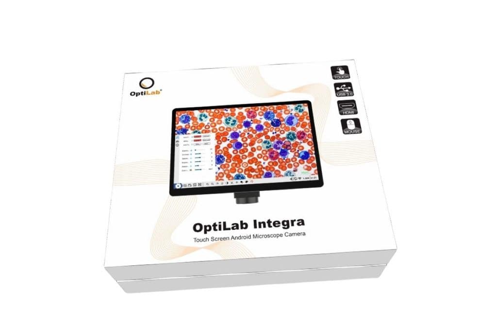Tampilan produk dan spesifikasi OptiLab Integra kamera mikroskop berbasis Android 11 dari PT Miconos