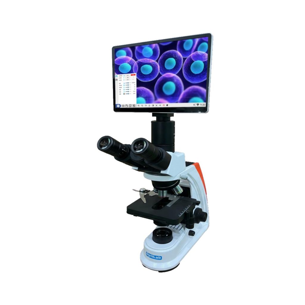 Mikroskop digital OptiLab dengan monitor terintegrasi untuk pengamatan spesimen yang tajam dan detail