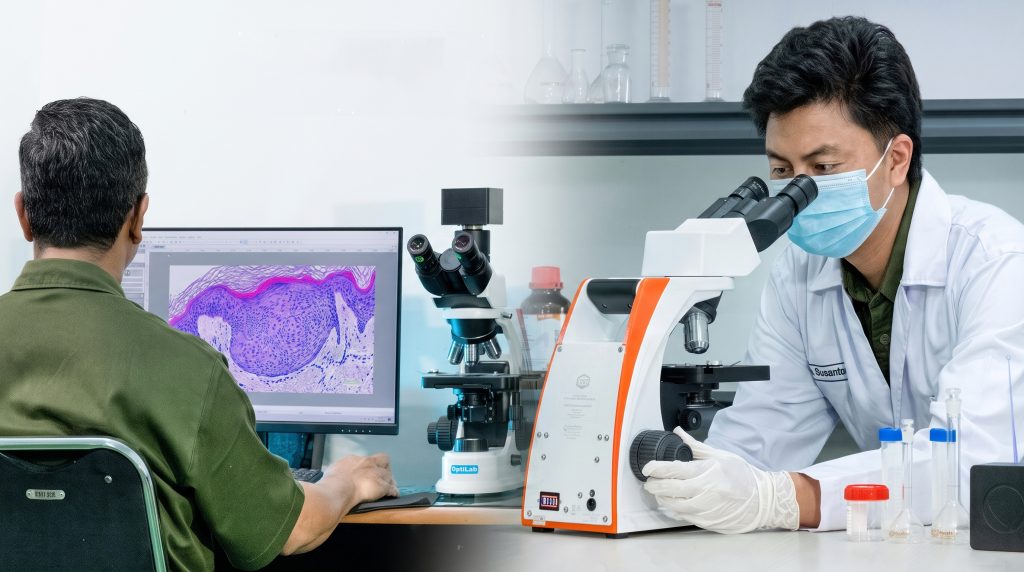 Penggunaan mikroskop di laboratorium untuk pengamatan langsung dan dokumentasi digital
