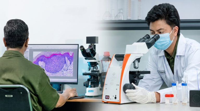 Penggunaan mikroskop di laboratorium untuk pengamatan langsung dan dokumentasi digital